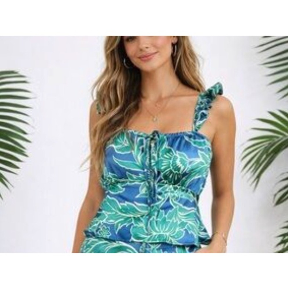 House of Harlow 1960 Blue Tropical Floral Tie Front Ruffle Strap Crop Top Resort